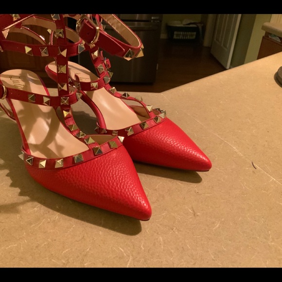 Red Spiked Strapped Heels - Picture 6 of 9